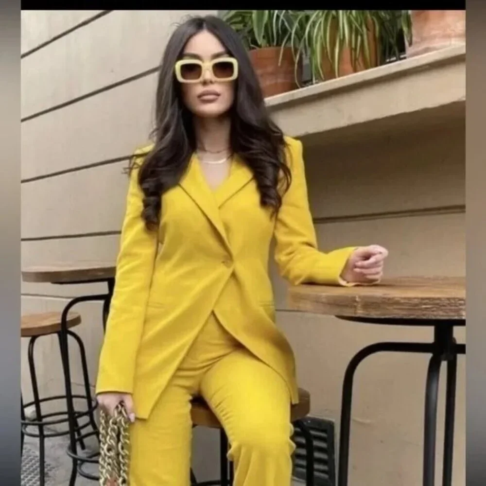 Zara Blazer  XS Yellow Double Breasted Asymmetric Blogger Fave - Picture 16 of 16